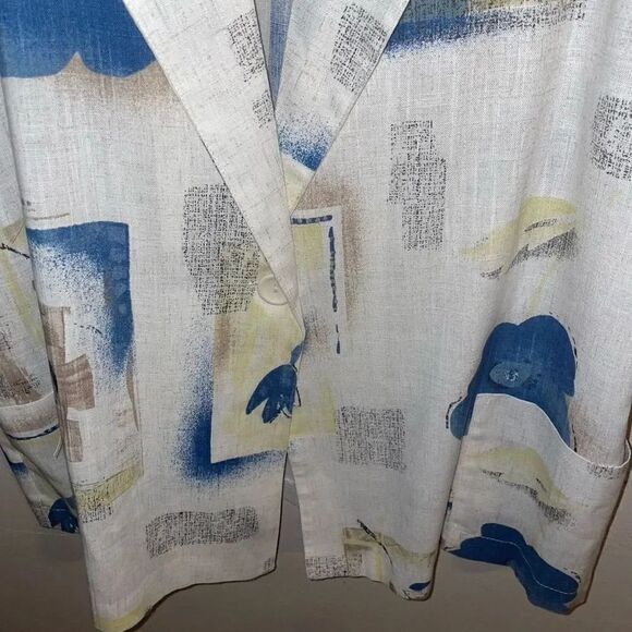 Jeanne Blue Beige Floral Linen Blend Short Sleeve Blazer Jacket - Picture 5 of 8